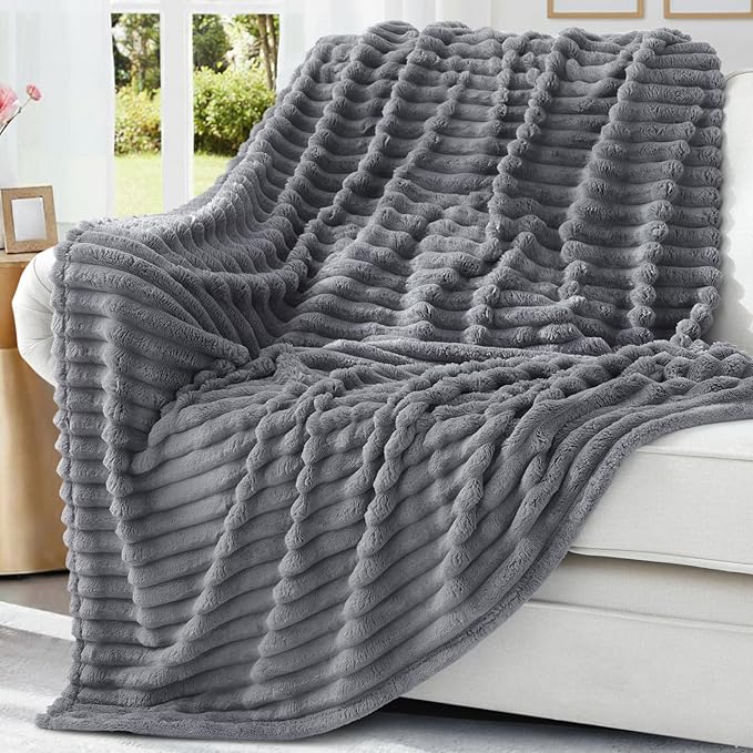decorUhome Soft Fleece Grey Blanket Queen Size for Bed, Cozy Fluffy Plush Flannel Large Striped Throws for Couch Sofa, Lightweight Decorative Fuzzy Blanket for Woman, 90x90 Inches