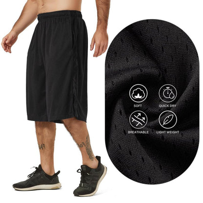 HQUEC Men's 12" Basketball Shorts Long Athletic Workout Gym Mesh Shorts Below Knee Loose-Fit with Pockets Black 2XL