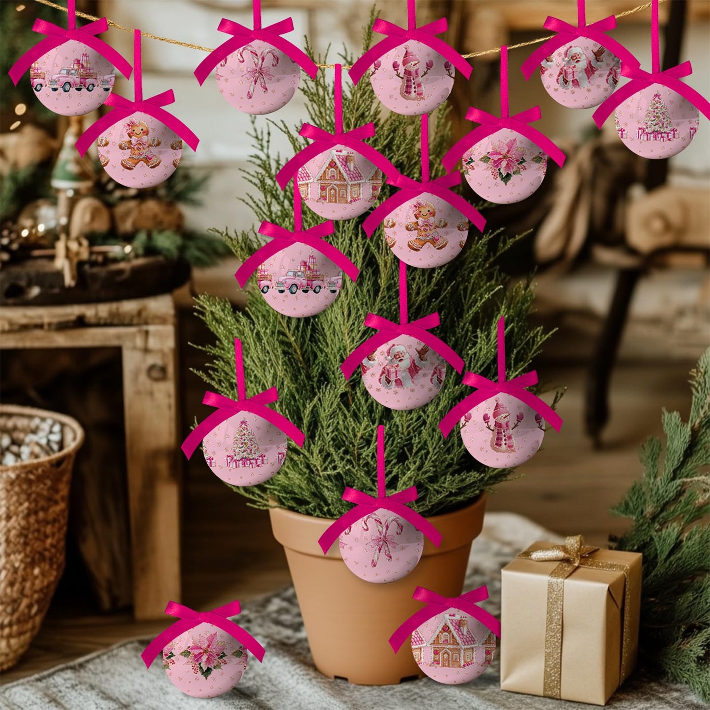 Pink Christmas Decor - Pink Christmas Tree Decorations Snowman Santa Candy Hanging Ornaments Balls, Cute Decorations Ball 2.36 Inch for Xmas Tree Party Home Holiday，Xmas Gifts Set of 16Pcs