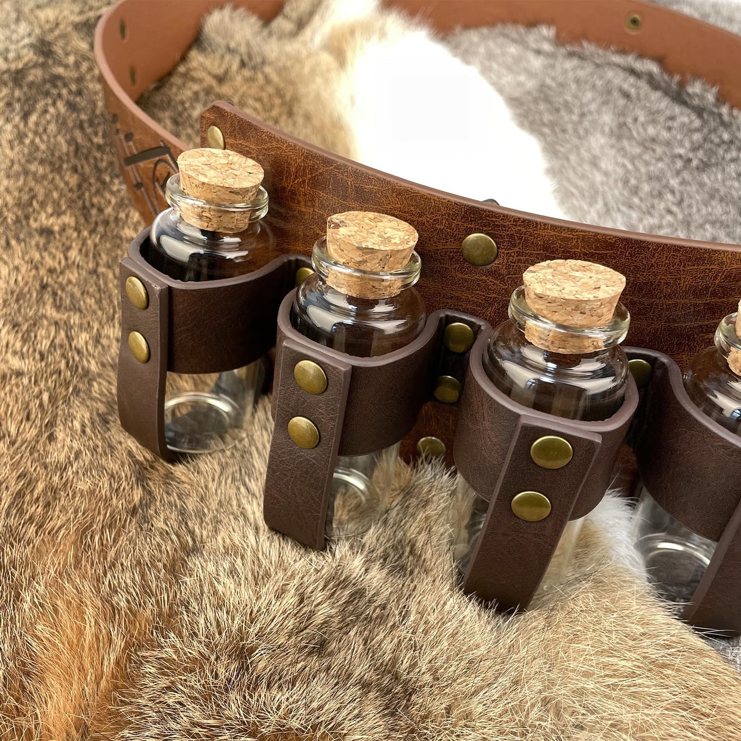EpicCos 3 PCs Medieval Alchemy Belt Waist Pack Combo with Multiple Potion Bottles, Viking Rivet Belt Side Pouch for Cosplay (Brown D)