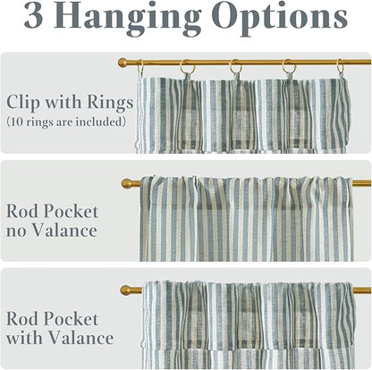 jinchan Striped Linen Kitchen Curtains with Attached Valance 24 Inch Length Cafe Tier Curtains for Living Room Rustic Half Window Light Filtering Rod Pocket Small Drapes 2 Panels Blue