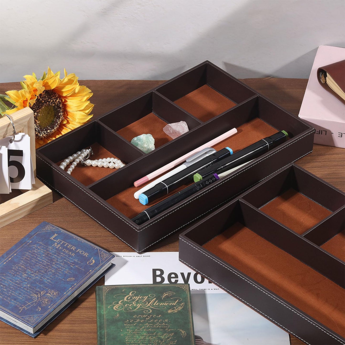 CONCHLERY 2 Pcs Desk Drawer Organizer 4 Grid PU Leather Drawer Storage Organizer Multi-Purpose Storage Desktop Organizers Tray for Office Home, Brown, 30.3x20.3x4.15cm