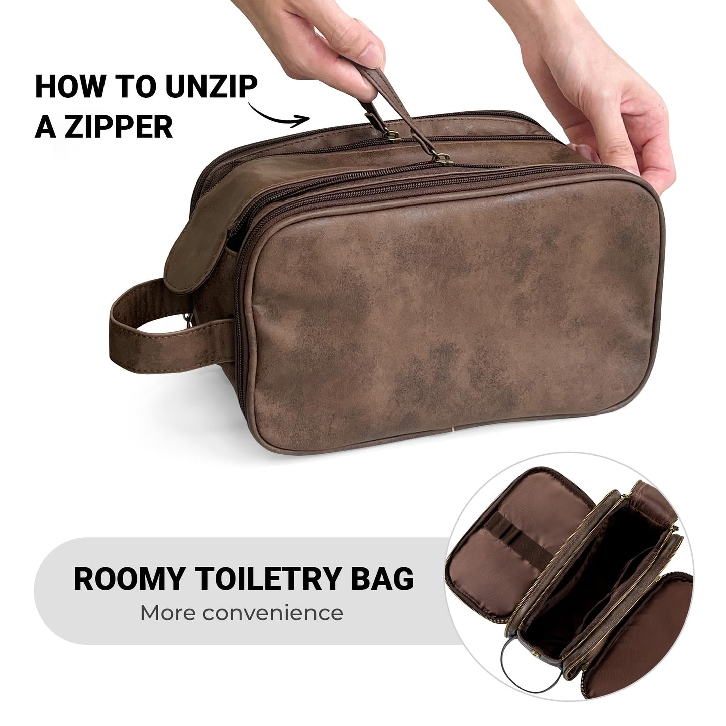 Elviros Toiletry Bag for Men, Large Travel Shaving Dopp Kit Water-resistant Bathroom Toiletries Organizer PU Leather Cosmetic Bags Fathers Day Gift (Medium, Chocolate)