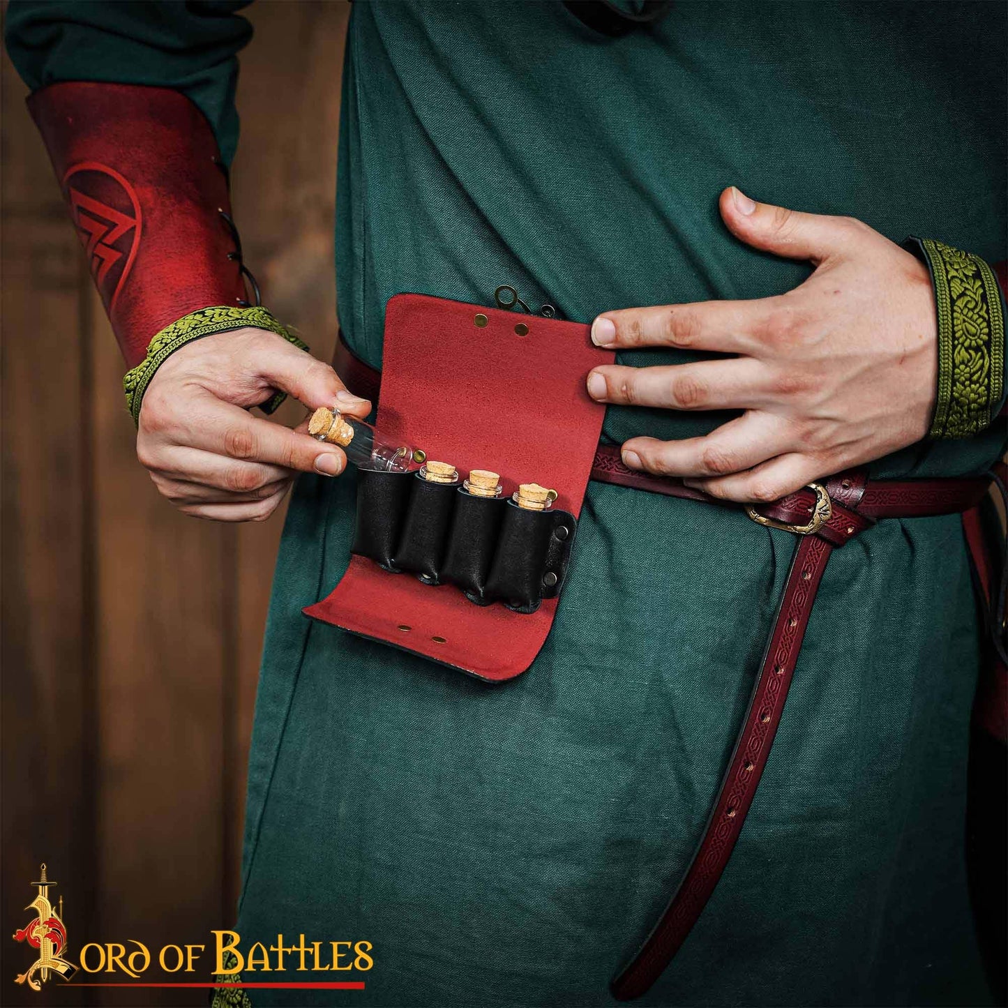 Lord of Battles Medieval Alchemy Buff Leather Belt Bag with 4 Mini Glass Bottles | The Elfic Potion Vintage Belt Waist Pouch Side Pack for Ren Faire, Cosplay (Maroon)