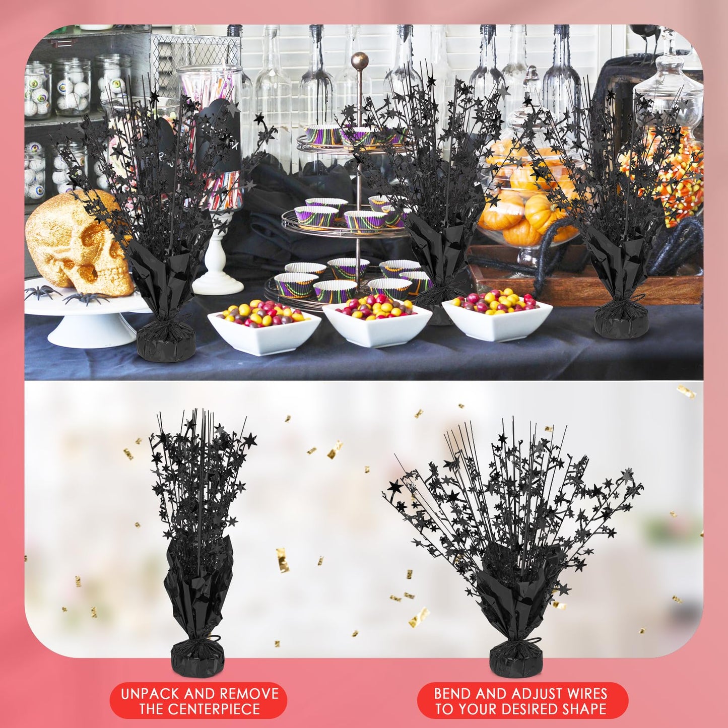 6 Pack Metallic Foil Spary Centerpieces for Tables, Black Centerpieces for Tables Decorations, Star Brust Table Centerpieces for Birthday Graduation Wedding Baby Shower Party