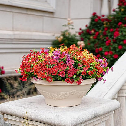 Outdoor Artificial Flowers, 12 Bundles Fake Flowers Summer Decoration, No Fade Faux Plastic Shrubs for Garden Patio Porch Window Box Decor (Mix 4 Color)