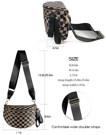 Spacious Checkered Nylon Crossbody Bag Bum Bag Checkered Handbags Wallets for Women
