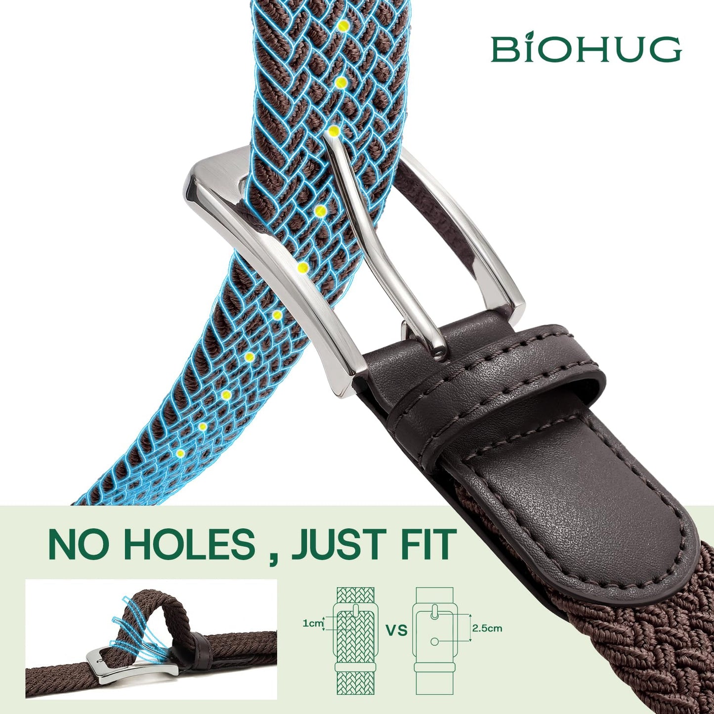 BIOHUG Men's Elastic Braided Belt Eco-Friendly Recycled Fabric Stretch Woven Belt for Jeans Pants,Golf Casual Wear 1.34" Width Dark Brown
