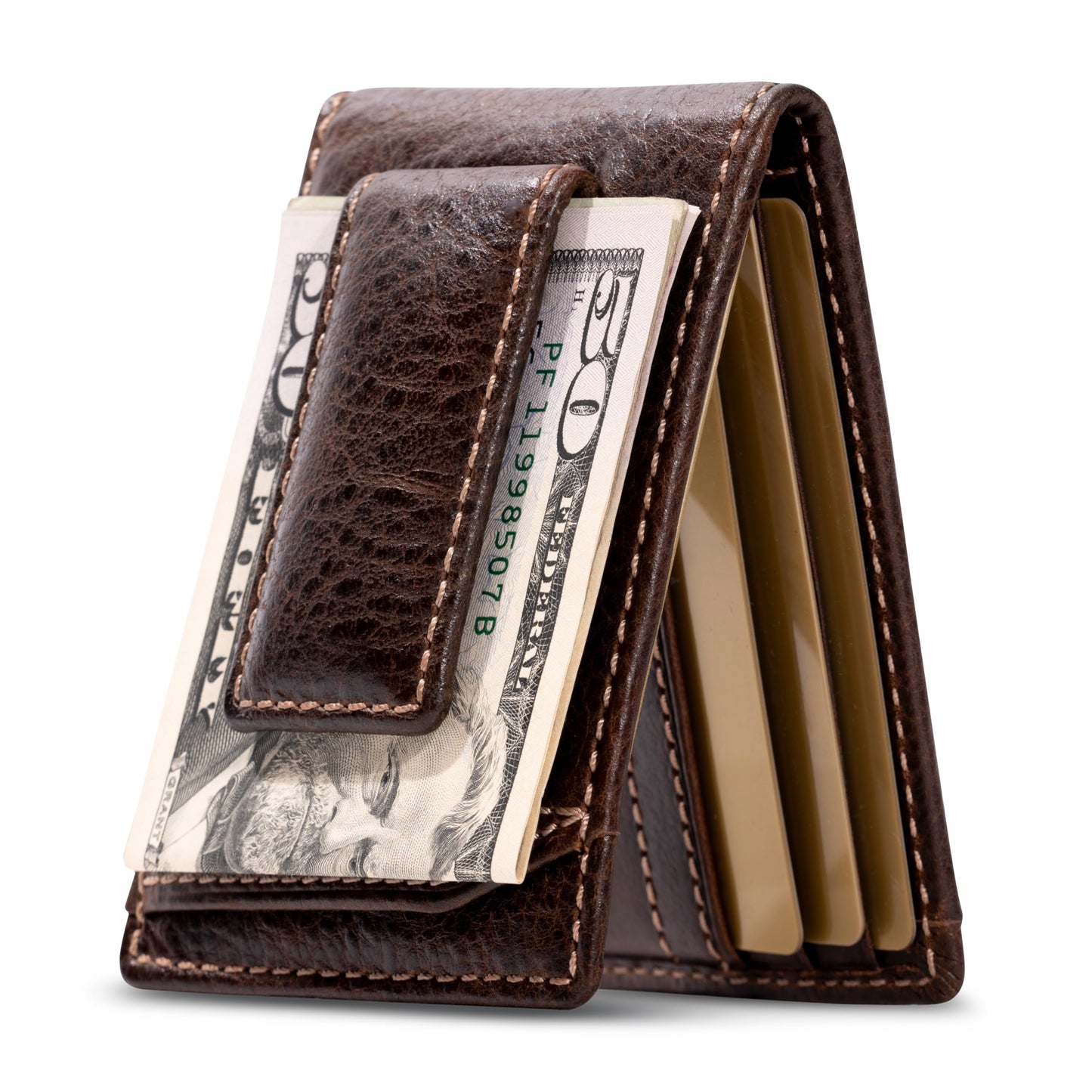 House of Jack Co. Ivor Men's Bifold Money Clip Wallet, Super Strong Magnetic Clip Holds 15+ Bills, Full Grain Leather Slim Front Pocket Wallet, 10 Card Holder, Gift for Men, Brown