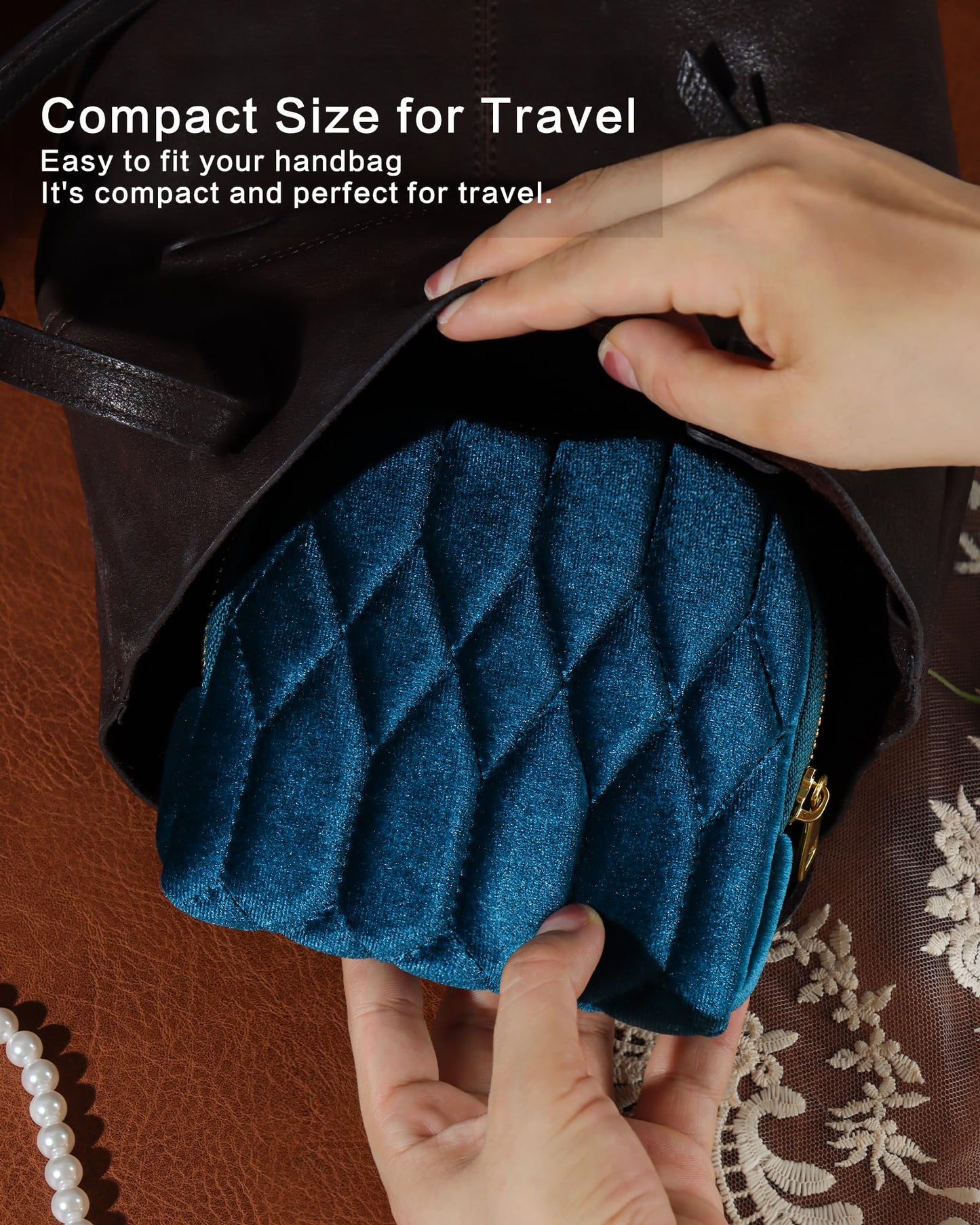 Vidifina Travel Jewelry Case,Mini Travel Jewelry Bag with Zipper,5-Layer Velvet Organizer Pouch for Bracelet Rings Earrings - Diamond Stitched Velvet Teal Blue