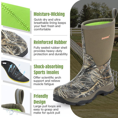 Showave Men's Mid Calf Rubber Work Boots Waterproof Insulated Rain Boots for Outdoor Mud Gardening