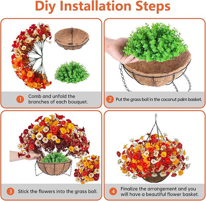 Artificial Fall Flowers with Hanging Baskets Outdoors, Faux mums for Outdoor planters, Fake Mums Petunia Artificial Hanging Plants UV Resistant for Autumn Porch Garden Home Yard Decor (Deep Autumn)