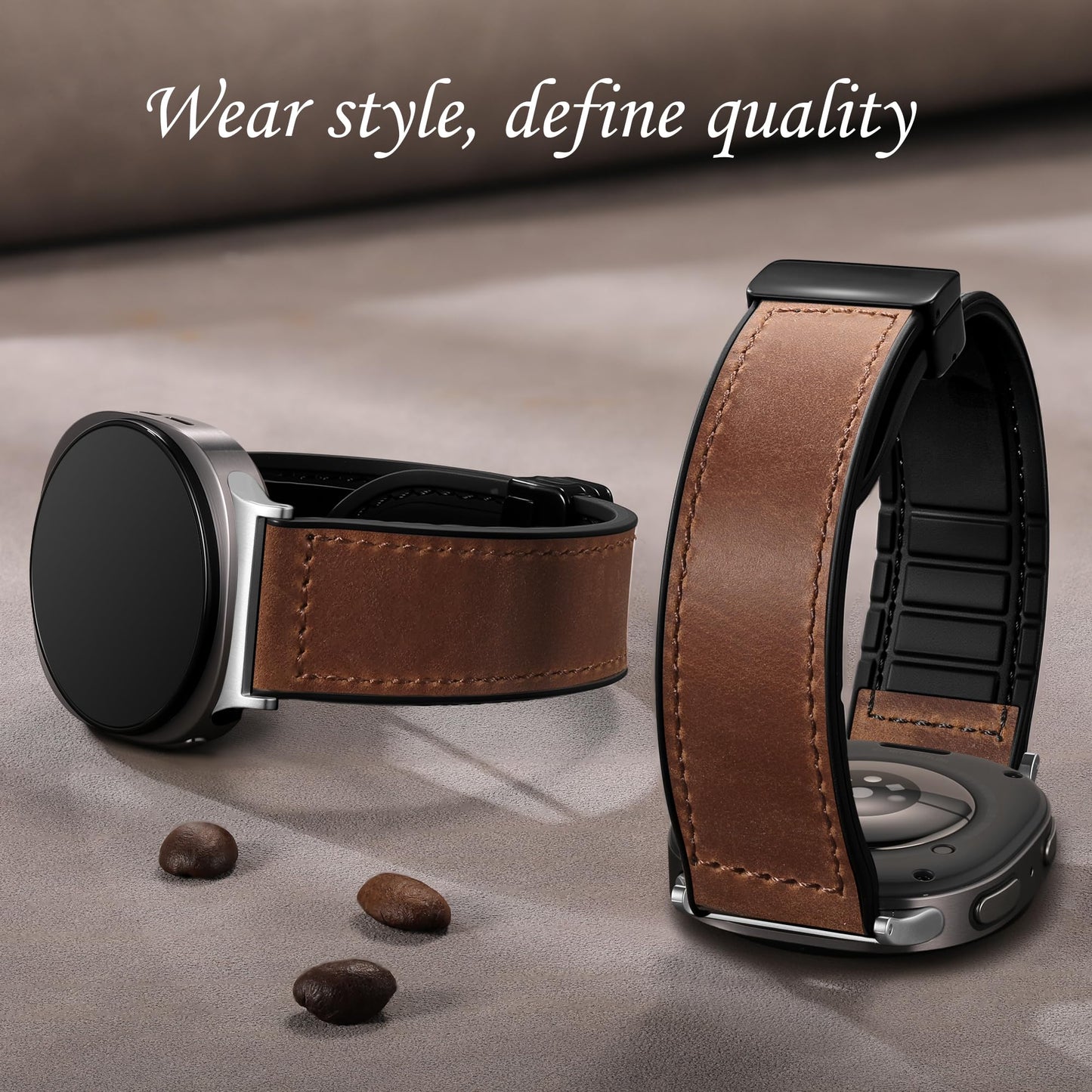 Charlam Magnetic Leather Bands Compatible with Galaxy Watch 8 Band 40mm 44mm, Galaxy Watch 8 Classic Band 46mm, Genuine Leather No Gap Replacement Straps for Samsung Watch 8 Bands Men Women, Brown