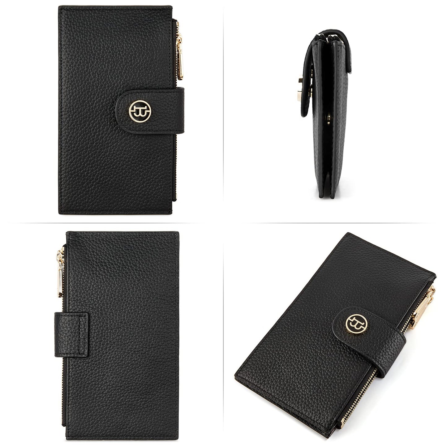 BOSTANTEN Leather Wallets for Women Large RFID Blocking Slim Bifold Purse Card Holder with Zipper Pocket Black