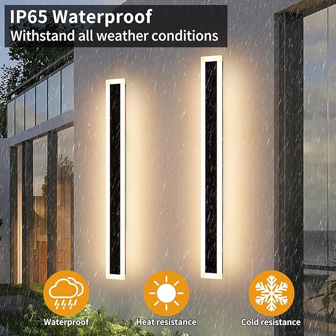 Upgrade Widened 2 Pack Long Outdoor LED Wall Light, 57inch Modern Minimalist Wall Sconce, 3 Color 3000K/4500K/6000K, 50W, IP65 Waterproof, Black Exterior Lighting Fixture for Patio, Garden, Garage