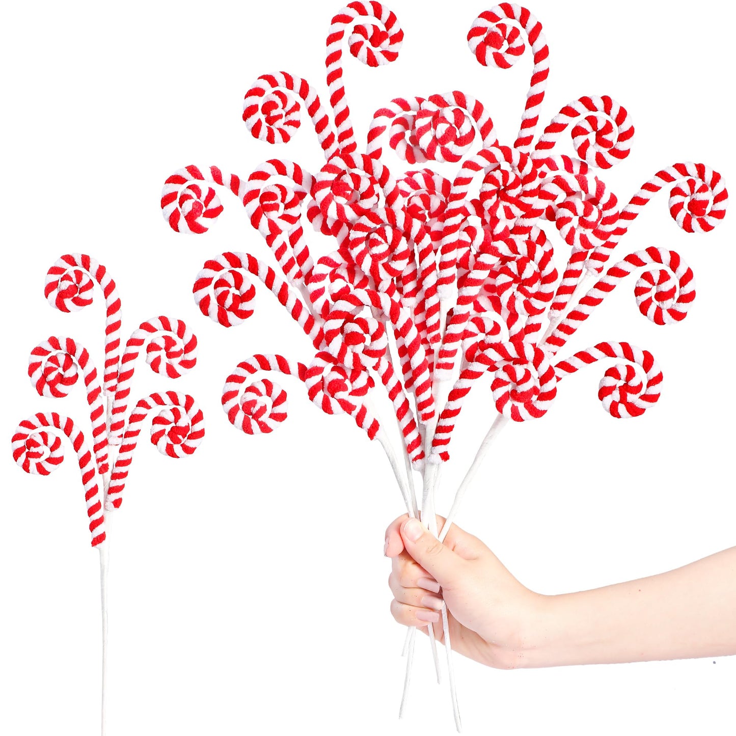 Sggvecsy 6 Pcs Christmas Tree Decoration Woolen Bells Candy Cane Shape Picks Lollipop Curly Pick Ornaments Xmas Tree Topper for Party Vase Filler Home Office Decor (Red)