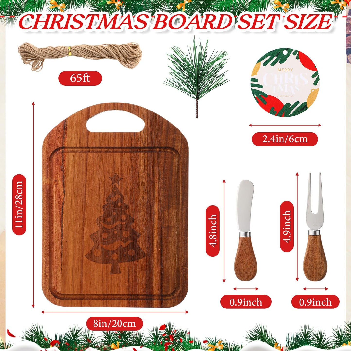 Sawysine 8 Sets Christmas Cheese Board Gift, Engraved Acacia Wood Cutting Board with Cheese Knife,Fork,tag,Charcuterie Boards for Holiday Party, Bridal Shower,Wedding, Housewarming Gifts(11" X 8")