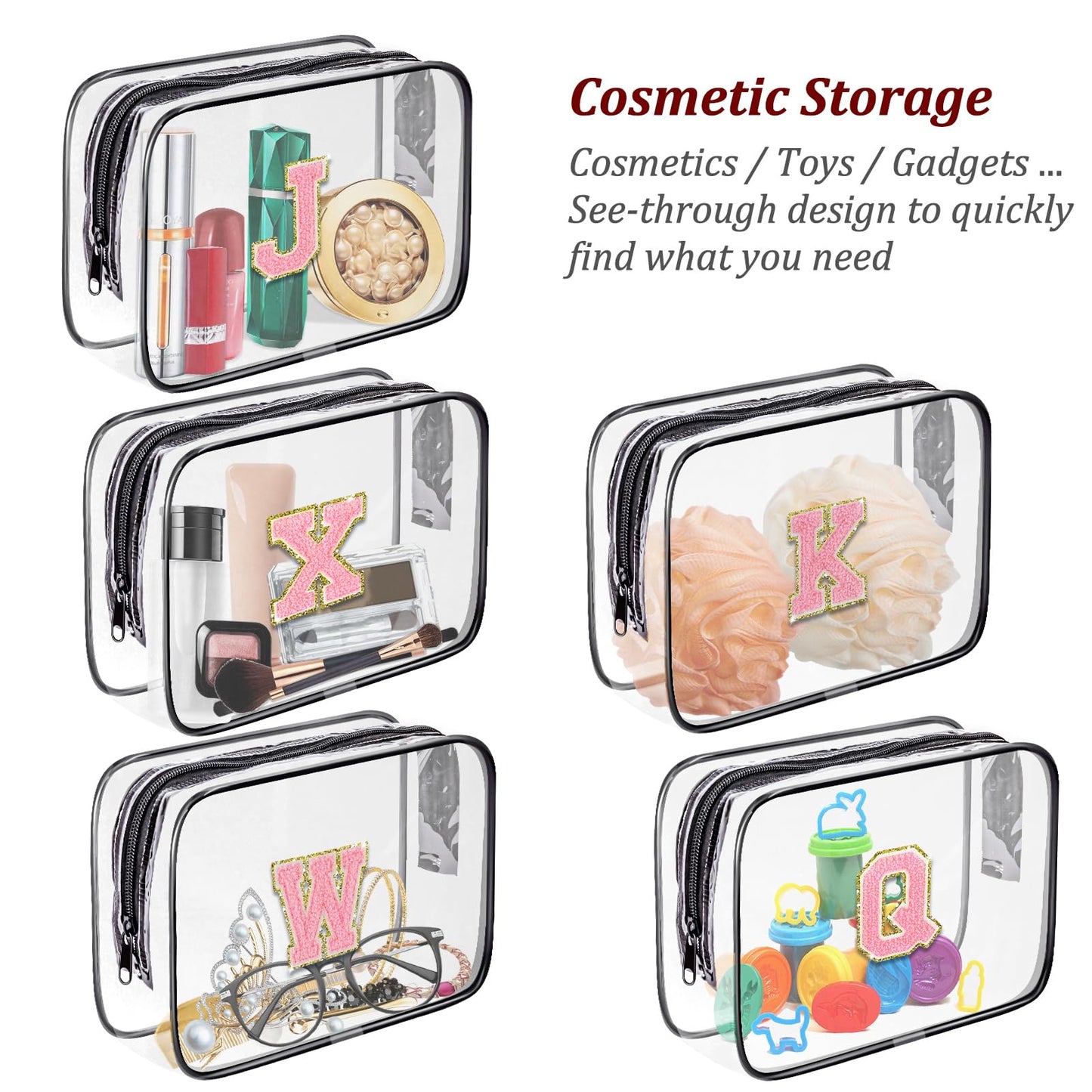 Fodofodo Clear Toiletry Bag,Portable Travel Toiletry Bag,Chenille Letter Cosmetic Bag with Zipper,Waterproof Makeup Bag,Cosmetic Storage Organizer for Women Men,Travel Essentials (Black,M)