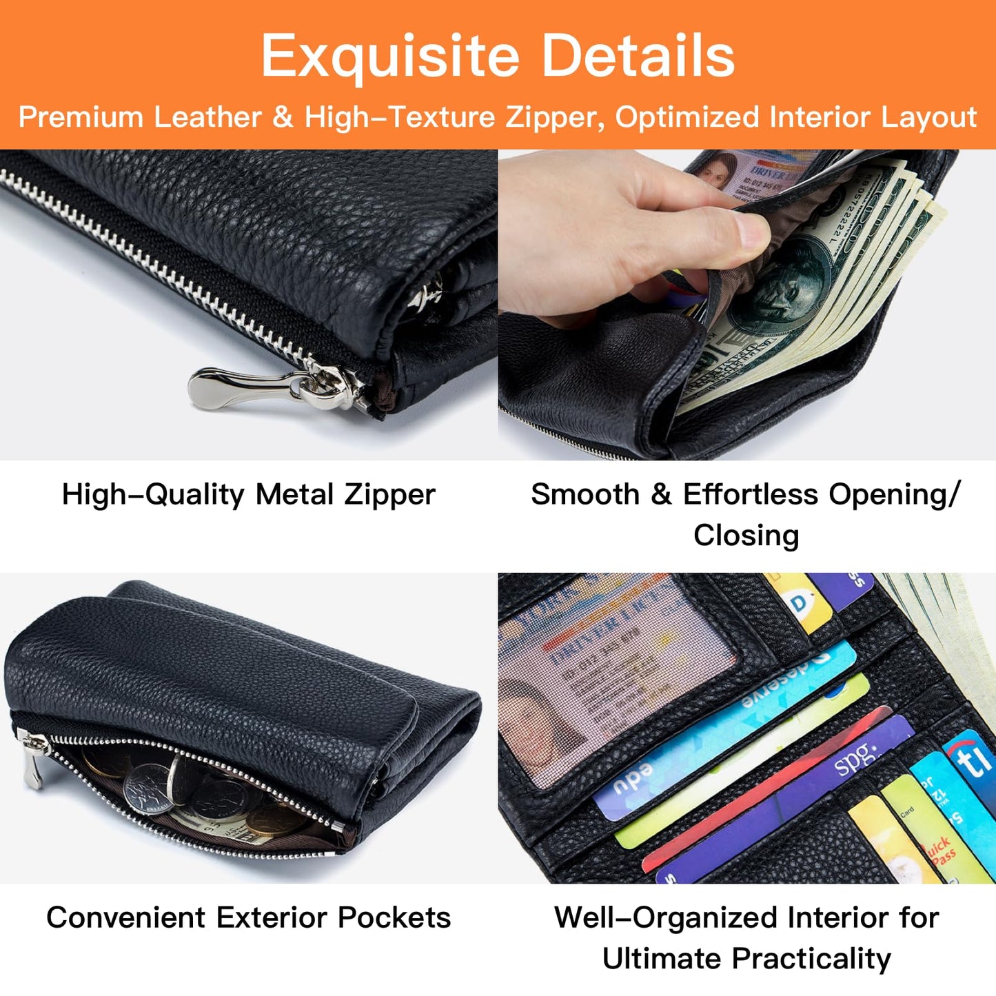 Genuine Leather Wallet for women, RFID Blocking Soft Leather Bifold Compact Card Holder Wallet with Zipper Coin Pocket ID Window (Black)