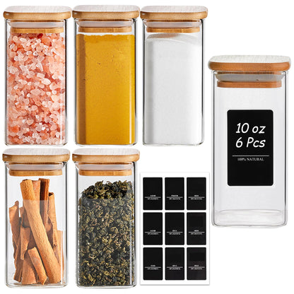 ComSaf 16Pcs Glass Spice Jars with Bamboo Lid, 4oz Airtight Square Spice Containers with 275 Black Lables, Empty Seasoning Jars for Spice Salt Sugar