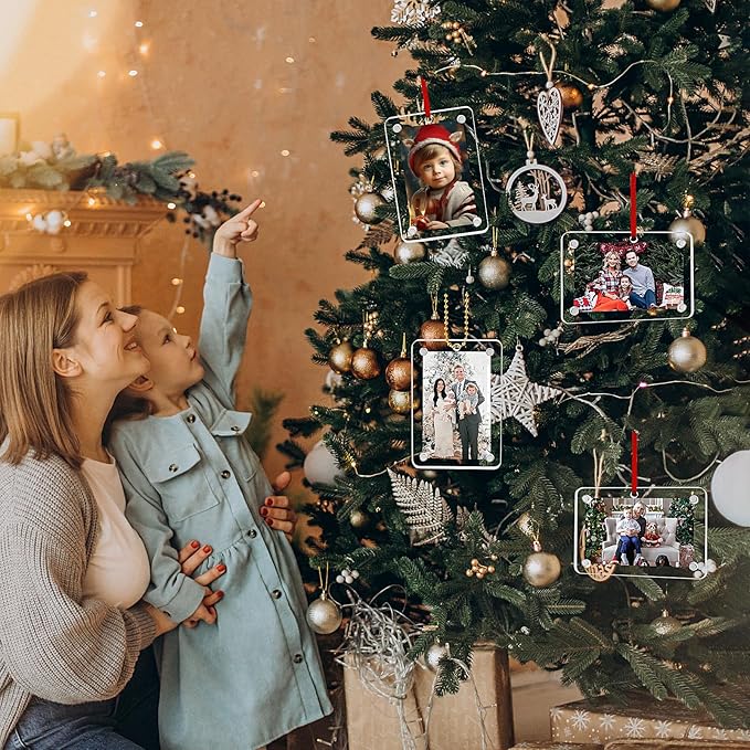 Christmas Photo Ornament Set of 4, 3x2'' Iridescent Acrylic Hanging Picture Frame for Family Photo, Christmas Tree, Holiday Decoration, Multifunctional Magnetic Picture Frames for Car and Fridge Decor