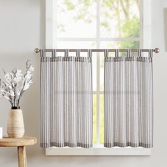 JINCHAN Tab Top Linen Kitchen Curtains 24 Inch Striped Tier Curtains Farmhouse Modern Cafe Style Small Window Treatments Airy Light Filtering Rod Pocket for Living Room Bathroom 2 Panels Charcoal Grey