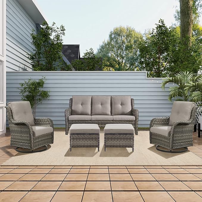 Rilyson Wicker Patio Furniture Set - 5 Piece Rattan Outdoor Sectional Conversation Sets with 2 Rocking Swivel Chairs,2 Ottomans and 1 Sofa for Porch Deck Garden(Mixed Grey/Grey)