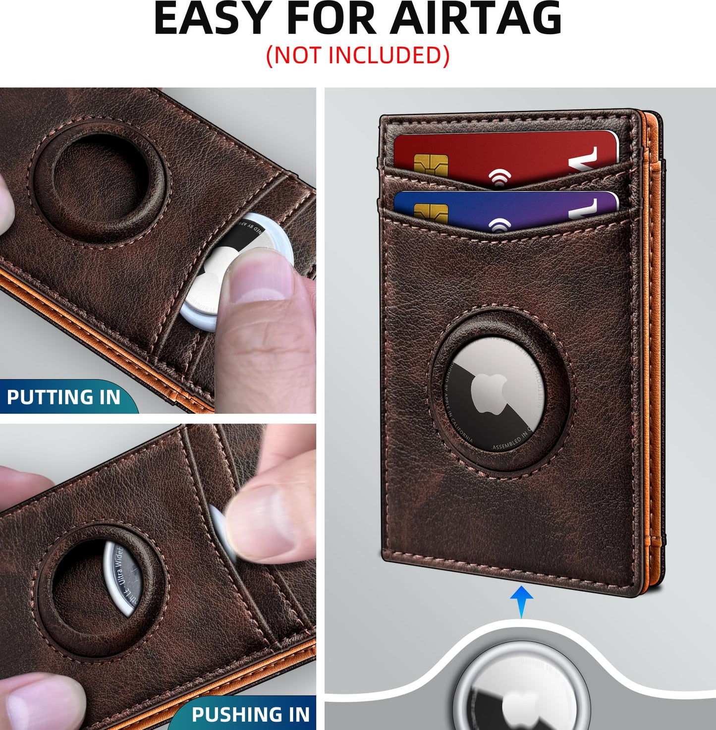 miyozi Airtag Wallet for Men- with Money Clip Gift Boxed, Magnetic Closure Slim Genuine Leather Front Pocket Wallet, 4.1"x 2.8", RFID Blocking