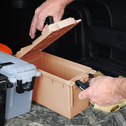 Sheffield 12627 Ammo Storage Box, Stackable .30 Cal Field Boxes, Water and Dust Resistant, Lockable Storage Box with Handle, Secures Hunting Gear, Supplies, and Bullets, Made in USA, Tan, 1-Pack