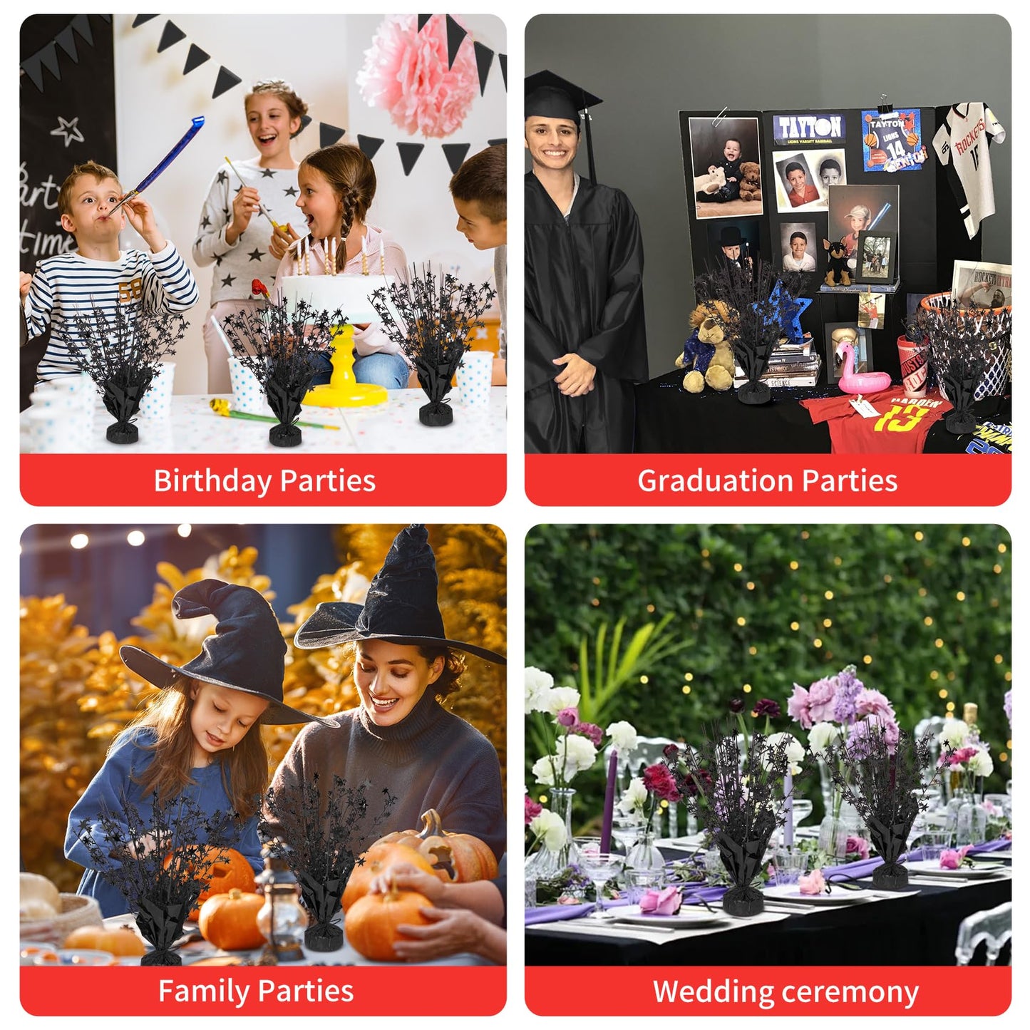 6 Pack Metallic Foil Spary Centerpieces for Tables, Black Centerpieces for Tables Decorations, Star Brust Table Centerpieces for Birthday Graduation Wedding Baby Shower Party