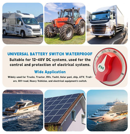FASTSTORM 300A Waterproof Battery Disconnect Switch 12V-48V, On/Off Kill Switch for Marine, RV, Car, Boat, Truck, ATV, UTV, Ignition Protected with Cable