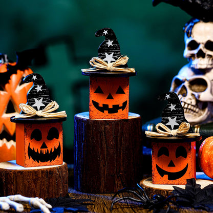 Amyhill 3 Pcs Halloween Ghost Table Decor Pumpkin Witch Hat Wooden Sign Small Halloween Tiered Tray Decor Black and Orange Spooky Pumpkin Face Tabletop Centerpieces for Home Mantel Shelf Office Desk