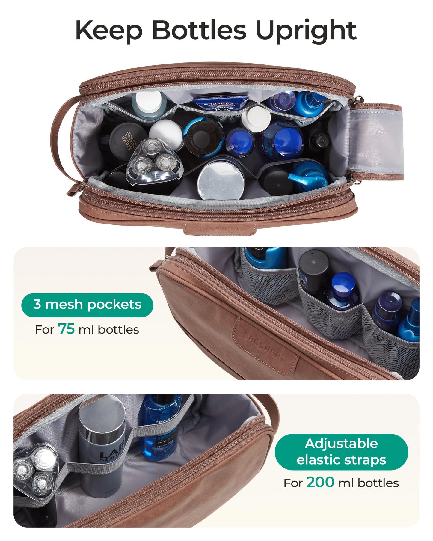 BAGSMART Large Toiletry Bag for Men, Soft Matte PU Leather Travel Bag for Toiletries, Dopp Kit Water Resistant Shaving Bag for Bathroom Shower-Dark Brown