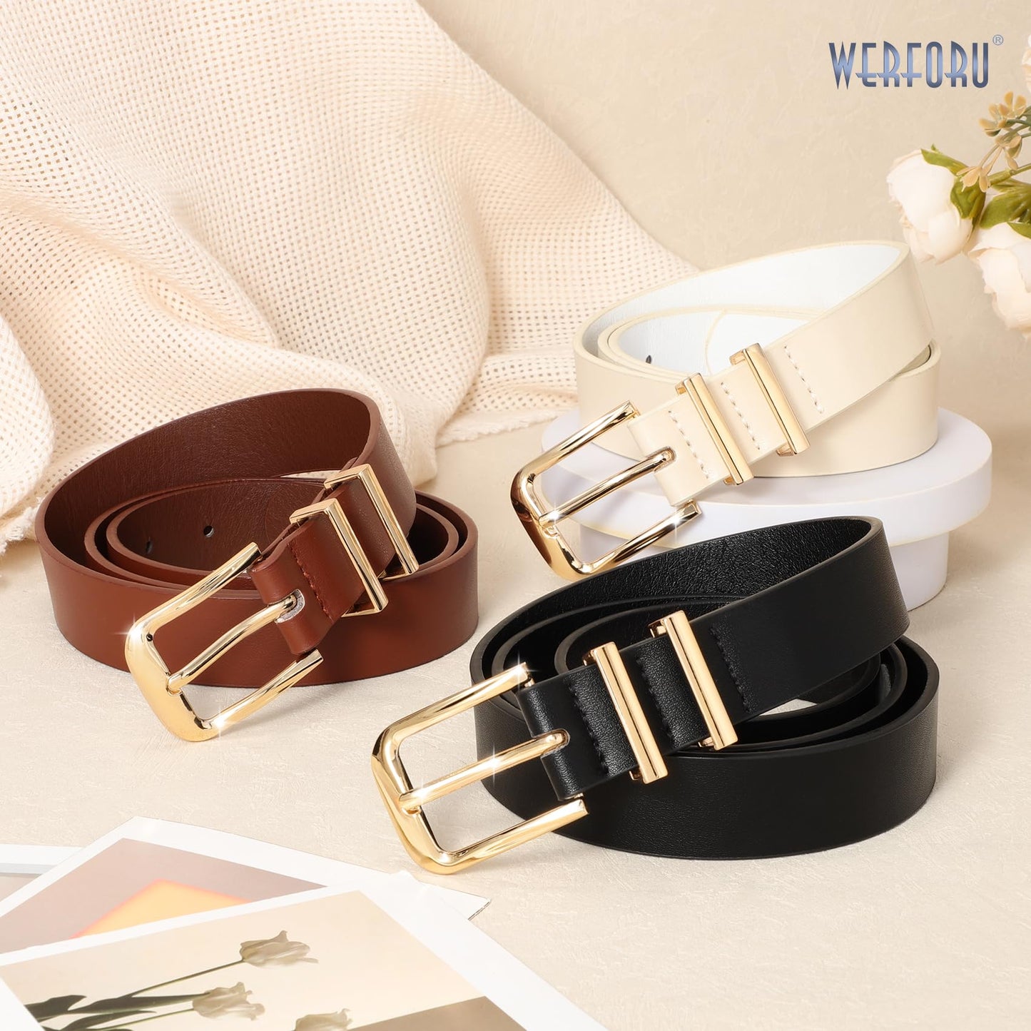 WERFORU 3 PACK Women Belt Women Fashion Leather Belts for Jeans Pants Ladies Belts with Gold Buckle,A-Black+Brown+Beige,Fit Waist Size 37-41 Inches