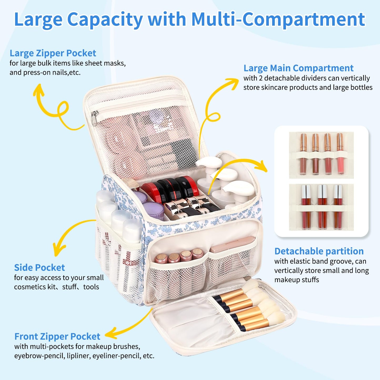 CUBETASTIC Travel Makeup Bag, Floral Make Up Bag with Brush Compartment, Vertical Storage Toiletry Bag with Partitions, Large Make Up Pouch for Women, Portable Makeup Case with Multi-Pockets