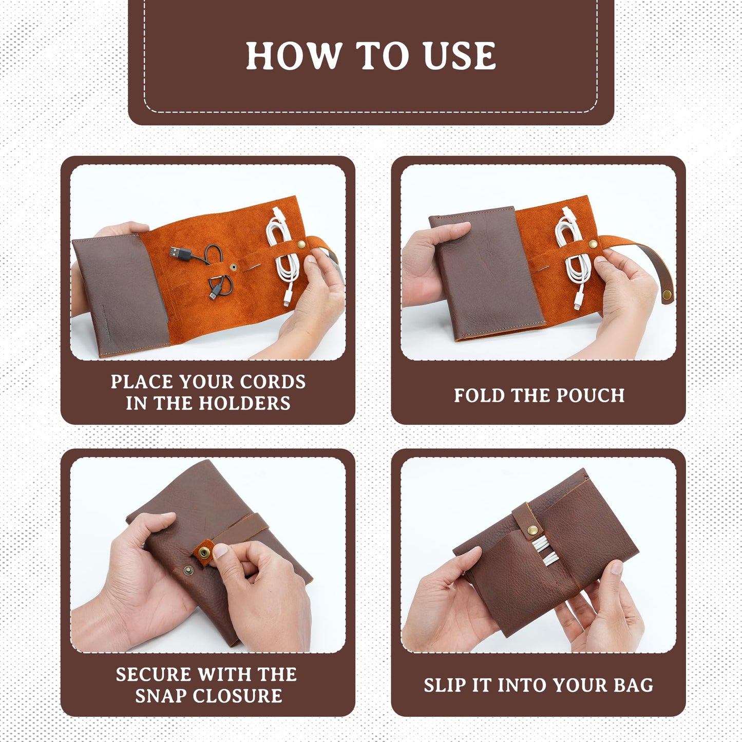 ROGUE WALLET Handcrafted Genuine Leather Tech Organizer - Spacious Phone Cord Organizer, Wide Storage Pockets - Durable & Easy to Maintain Cable Storage Bag for Everyday Use (Brown)
