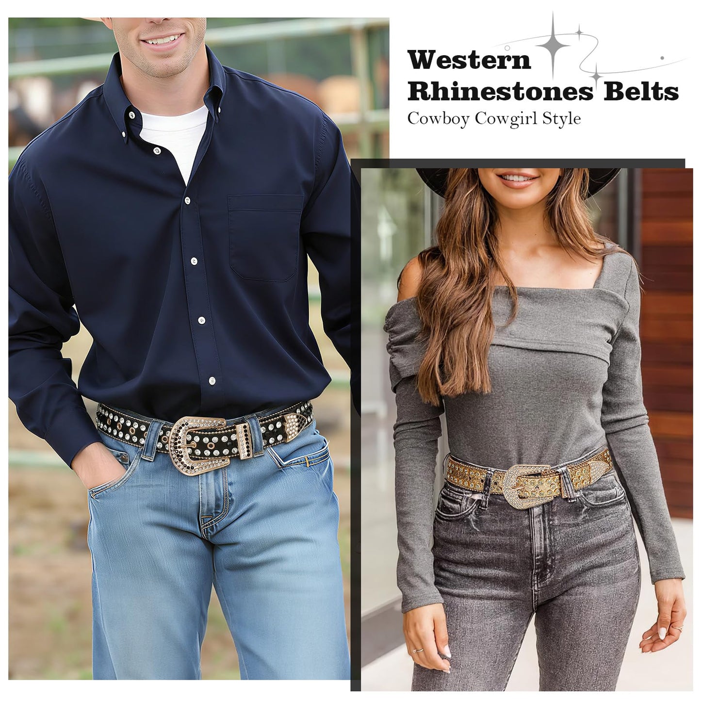 WHIPPY Women Western Rhinestones Belts Men Studded Belt for Jeans Bling Cowgirl Cowboy Waist Belt with Removable Buckle, Gold Sequin, M