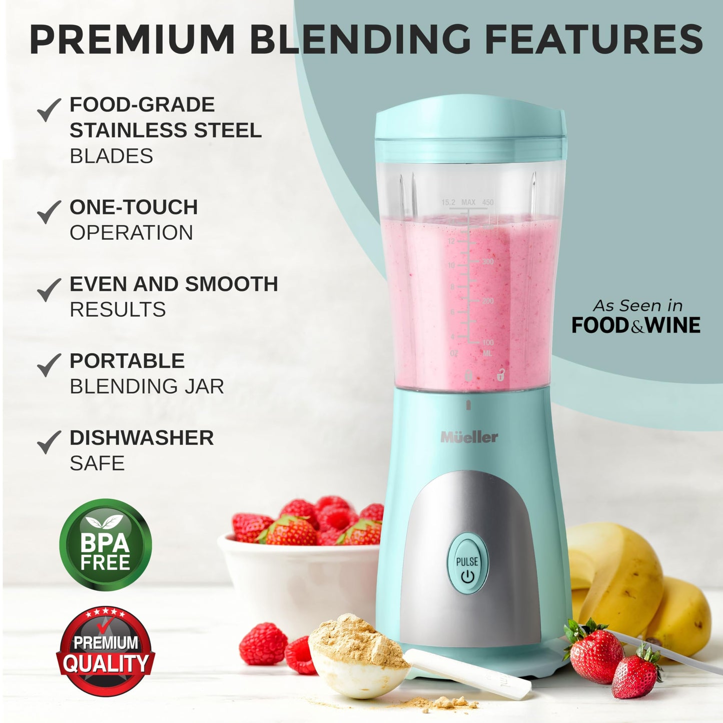 Mueller Smoothie Blender for Smoothies - Personal Blender for Shakes, Frozen Drinks, Baby Food & More, 15oz Travel Cup and Lid, Durable Stainless Steel Blades for Powerful Blending Performance, Black