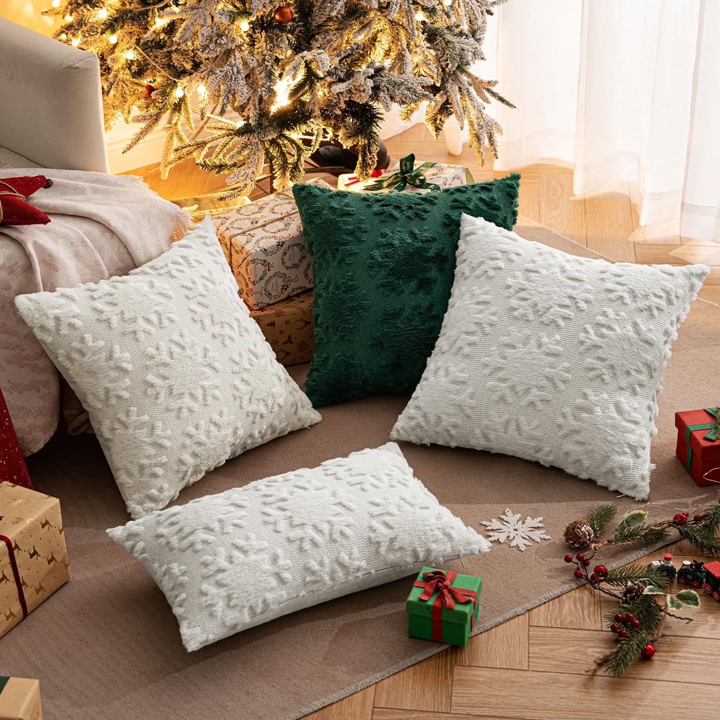MIULEE Christmas Snowflake Decorative Throw Pillow Covers Set of 2,Soft Fluffy Faux Wool Winter Holiday Couch Pillows for Farmhouse Boho Home Decor Sofa Bed Porch Living Room 16x16 Inch Pure White
