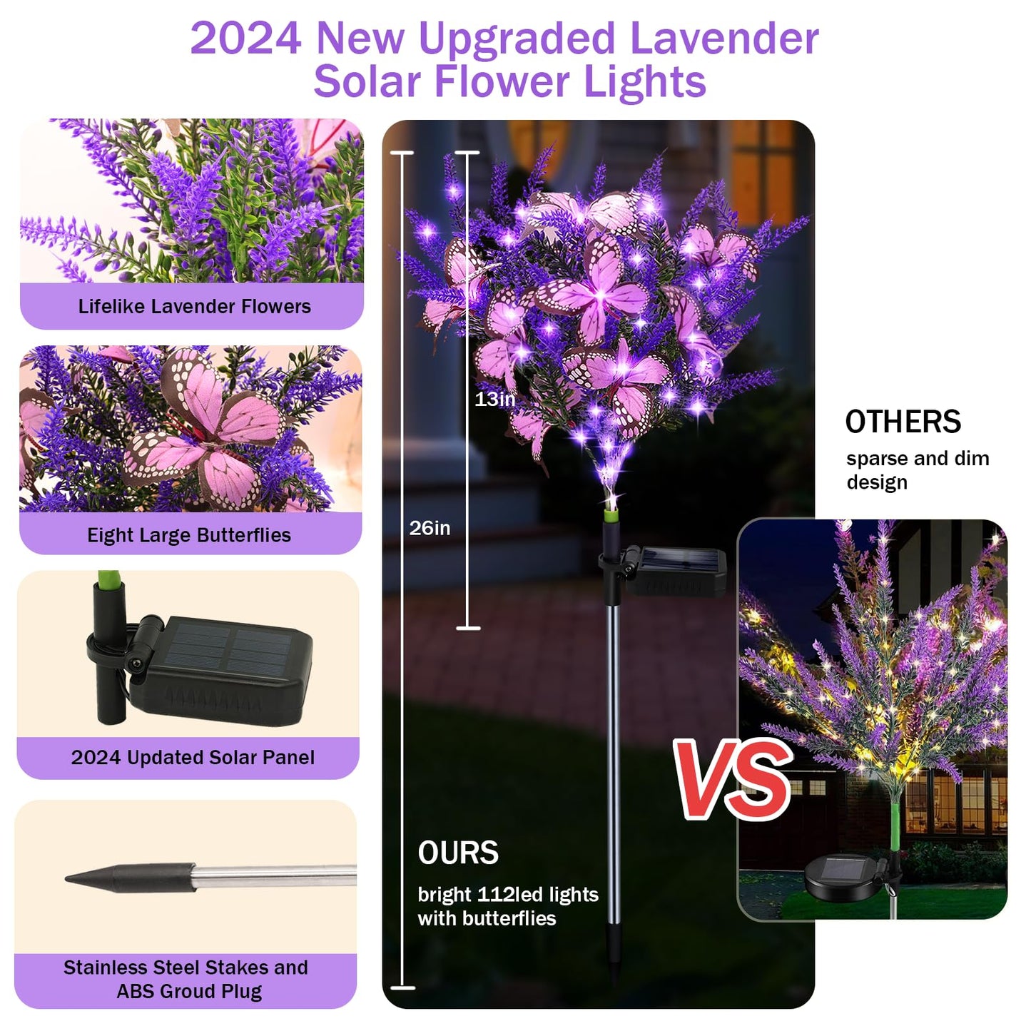 Kohlrabi Solar Garden Lights Outdoor, 2 Pack Purple Lavender Solar Butterfly Lights Gardening Gifts for Women,Artificial Flowers Light Purple Halloween Garden Decor for Patio Yard Lawn Christmas