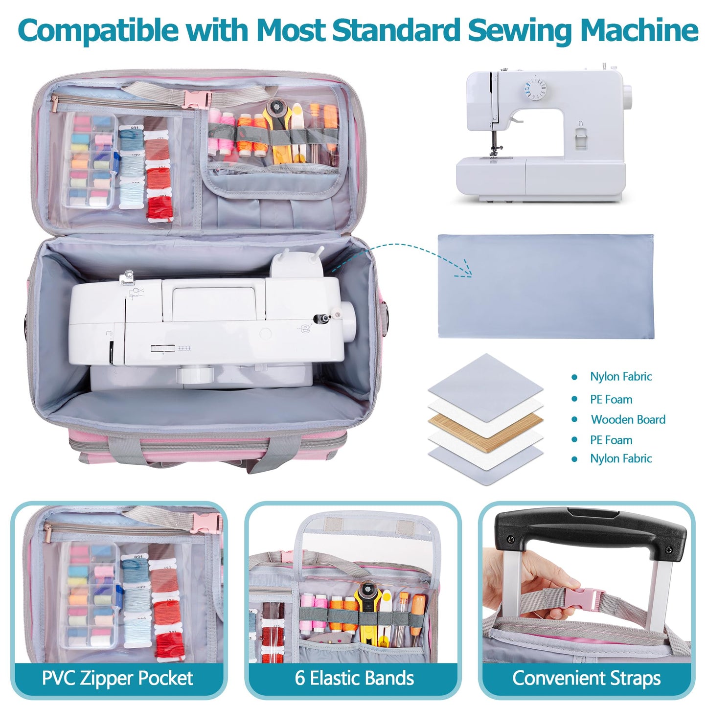 LUXJA Rolling Sewing Machine Case with Multiple Pockets, Sewing Machine Bag with Wheels and Detachable Shoulder Strap (Compatible with Most Standard Sewing Machines), Pink