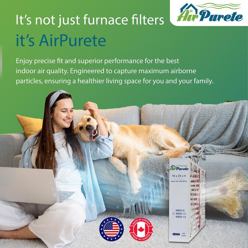 AirPurete 16x25x4 MERV 11 Air Filter, Pack of 2, Actual Size (15.50 x 24.50 x 3.75), Pleated HVAC Furnace Filter, Fits Lennox, Carrier, Bryant, Payne & Honeywell Devices