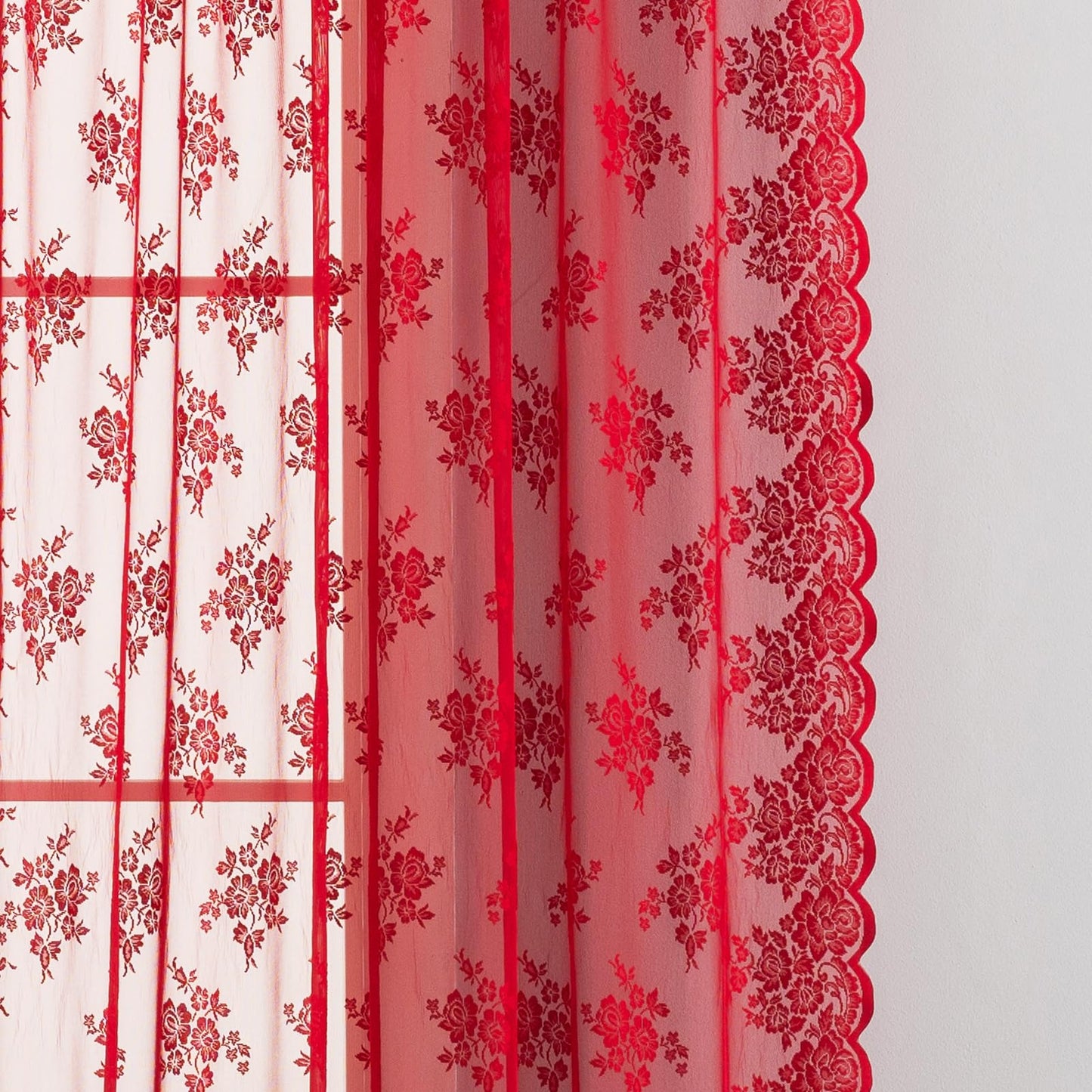 Kotile Red Sheer Lace Curtains 96 Inches Long, W52 x L96 Inch, 2 Panels Country Rustic Floral Red Lace Curtains for Living Room, Rod Pocket Privacy Light Filtering Christmas Sheer Window Curtain