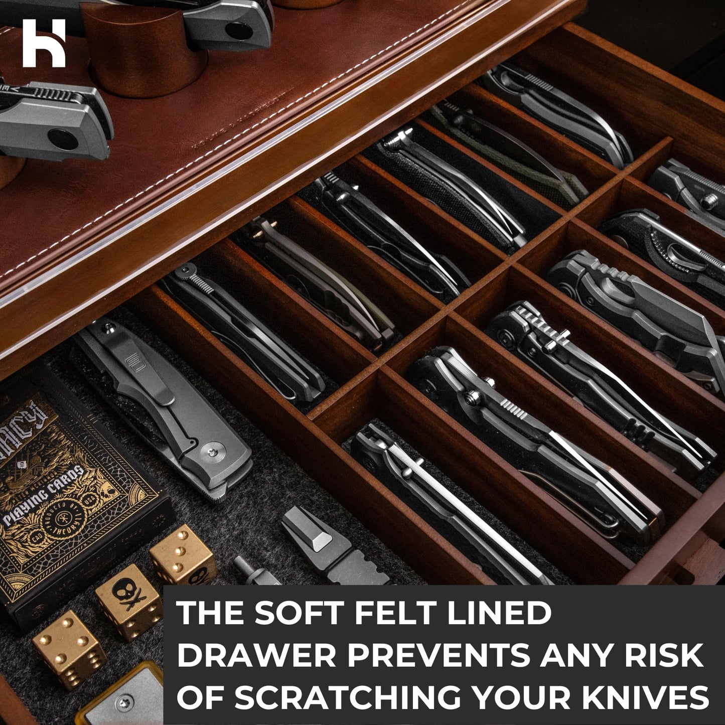 Premium Pocket Knife Display Case for 30 Knives - Large Wooden Knife Organizer, Storage & Holder with Unique Pillars, Hinged Cover, Drawer - Knife Collection Box - Handcrafted Father's Day Present