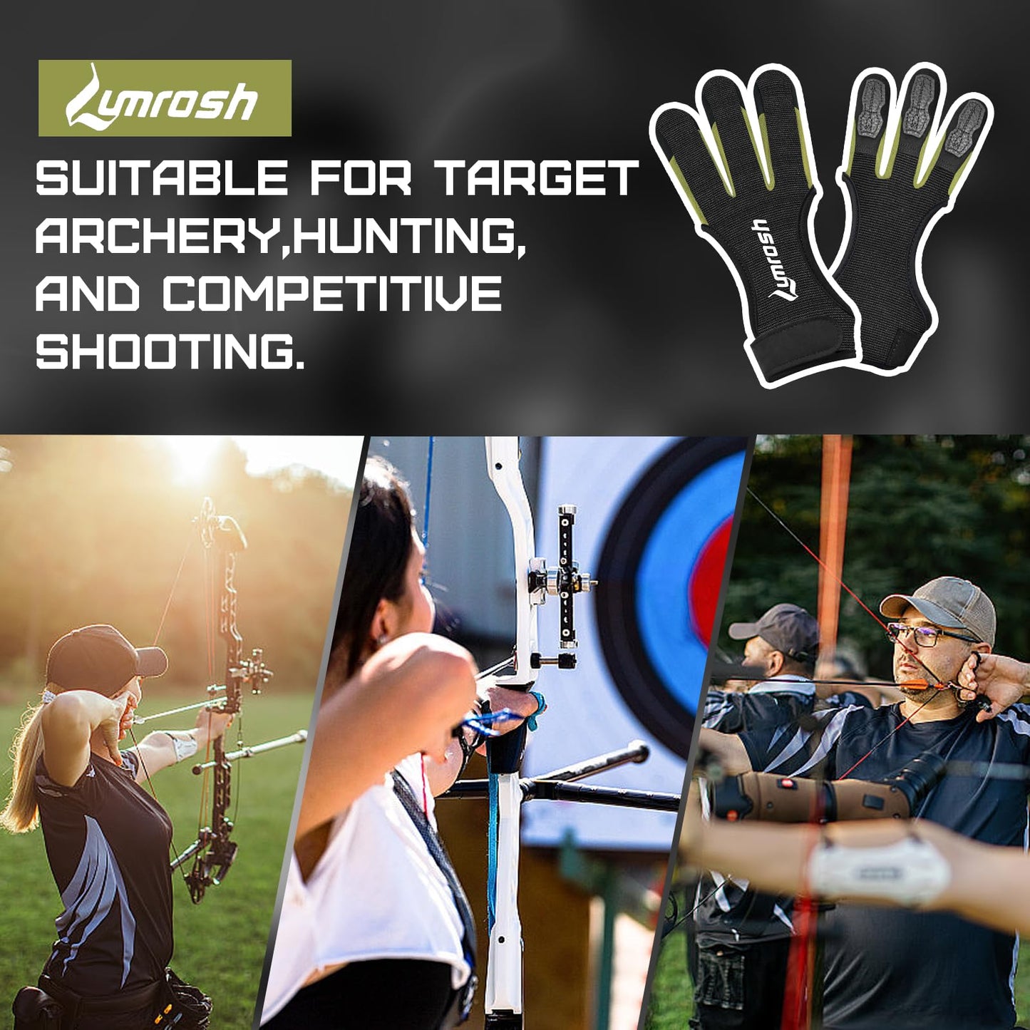 Lumrosh Archery Gloves 3 Finger Cowhide Shooting Hunting Green Men and Women Adult Kids Beginner Recurve Bow Archery Finger Protection Gear (Black, Large)