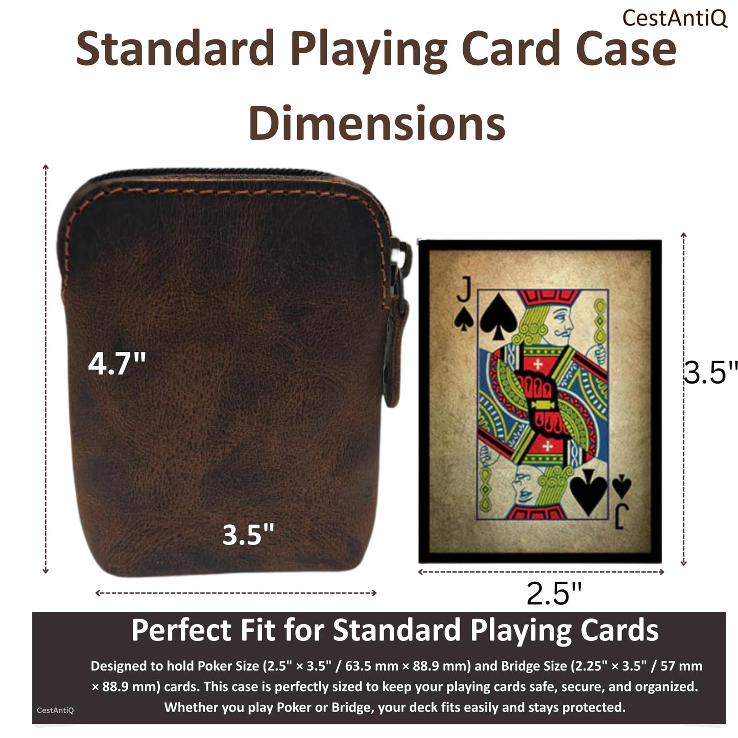 CestAntiQ Premium Full-Grain Leather Playing Card Case Zippered Card Deck Holder for Poker and Bridge Travel Accessory Secure Multi-Purpose Wallet Leather Cards Holder Brown