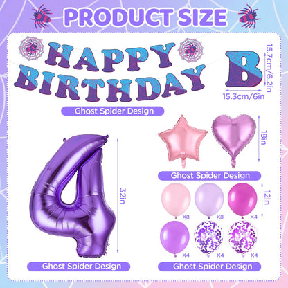 37pcs Ghost Spider 4th Birthday Decorations-Purple Number 4 Balloon,Happy Birthday Banner,Pink/Purple Balloons,Ghost Spider Theme Birthday Decor for 4 Year Old Girl Friends HB Party