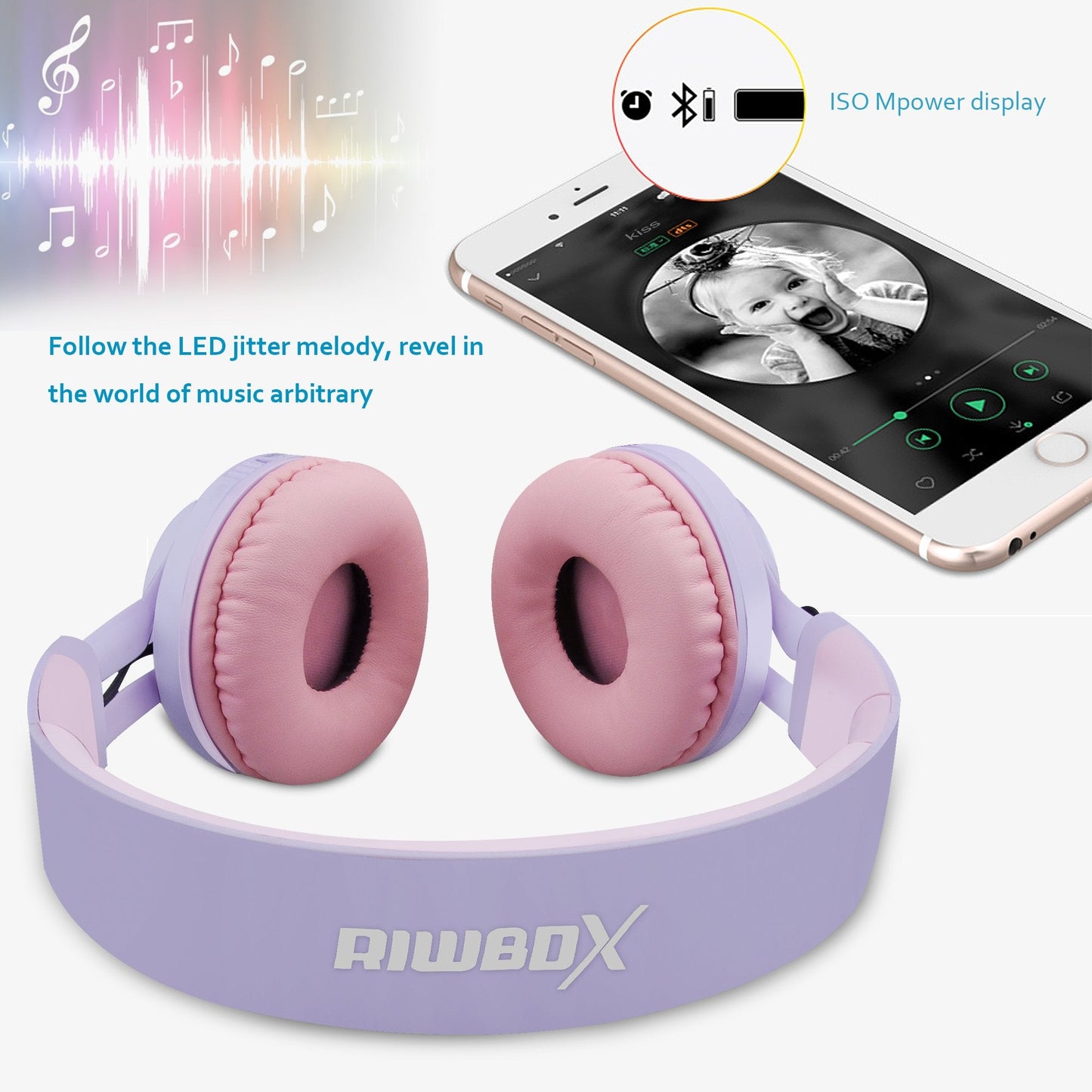 Riwbox WT-7S Kids Bluetooth Headphones Light Up, Foldable Stero Wireless Headset,with Microphone and Volume Control,Comfortable and Durable,for PC/Tablet/TV/Travel(Purple)