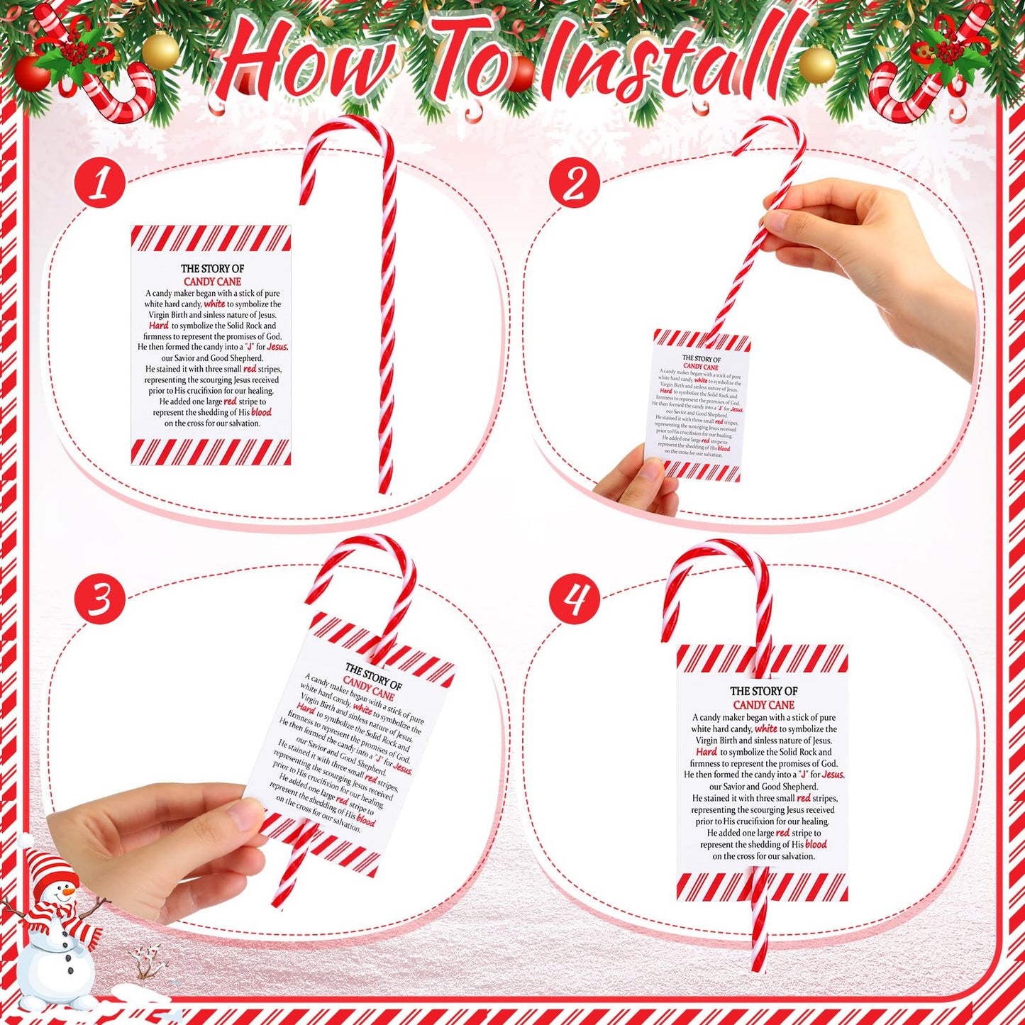 Cinnvoice 50 Sets Christmas Candy Cane Ornament and Candy Cane Meaning Story Cards Plastic Christmas Tree Hanging Ornaments Twisted Red and White Tree Decoration for Xmas Party Supplies