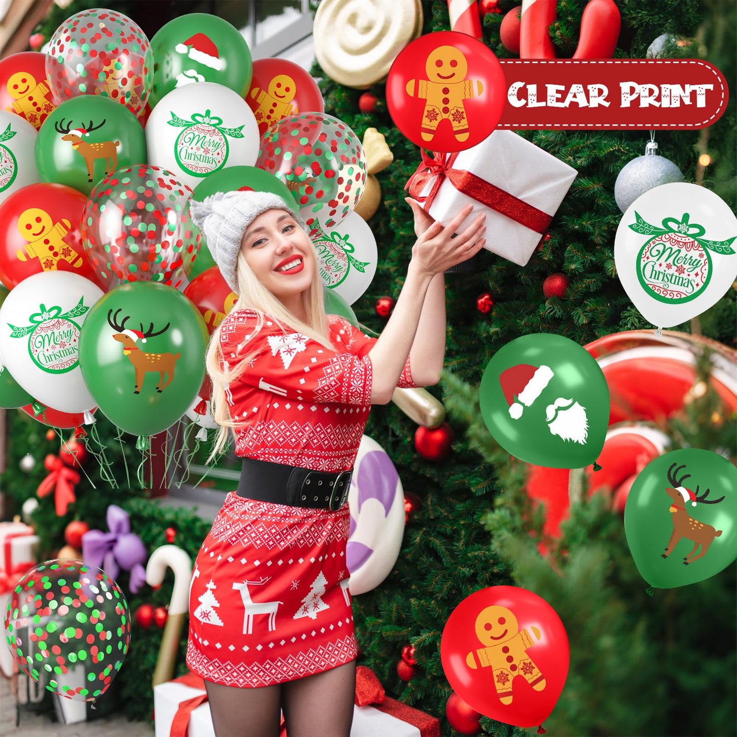 Saxuxu Christmas Balloons, 12 Inch Xmas Print Balloons, Red Green Confetti Latex Balloon Green Red White Gingerbread Man Bell Elk Santa Claus Printed Balloon for New Year Christmas Party Decorations